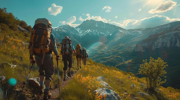 A group of men trekking together along a mountain ridge at golden hour